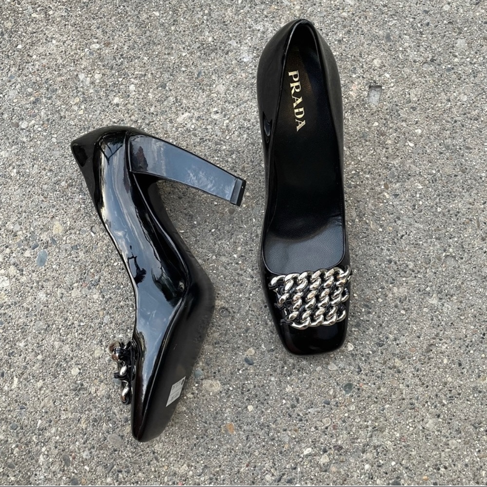 - Prada patent leather heels with silver chain sz 40